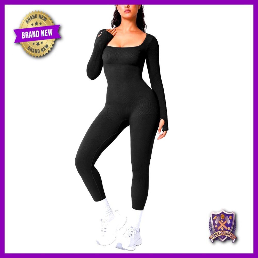 Long Sleeve Jumpsuit with Built-In Bra, Shapewear, Thumbholes, Square Neck
